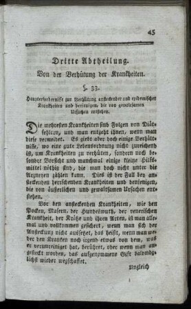 Dritte Abtheilung. Von der Verhütung der Krankheiten.