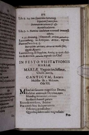 In Festo Visitationis Mariae. Mariae Virginis sanctissimae, Christi matris, Canticum, Lucae I. Melissus lib. I. Meletem. Ode XII