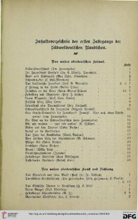 Inhaltsverzeichis des ersten Jahrgangs der Südwestdeutschen Rundschau