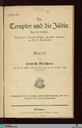 Der Templer und die Jüdin : Oper in 3 Akten