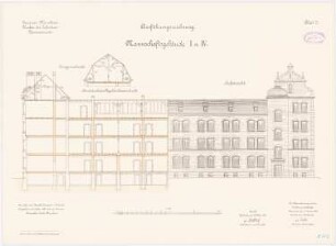 Garnison des Infanterie-Kasernements, Mannheim Mannschaftsgebäude: I und IV: Aufriss Hofansicht, Längsschnitt 1:100