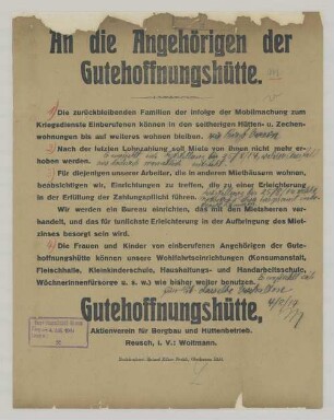 "An die Angehörigen der Gutehoffnungshütte."
