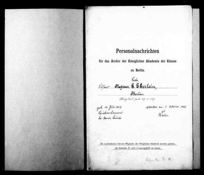 Eberlein, Gustav Heinrich - Bildhauer 1887 - Januar - 29 | Digitalisierung: Archiv der Akademie der Künste