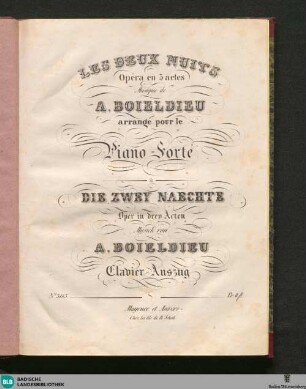 Les deux nuits : opéra en 3 actes; arangé pour le piano-forte