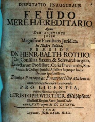 Disputatio Inauguralis De Feudo Mere Haereditario