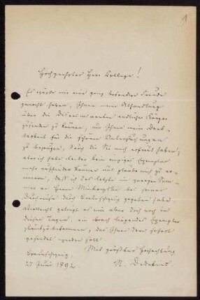 Nr. 1: Brief von Richard Dedekind an David Hilbert, Braunschweig, 27.6.1892