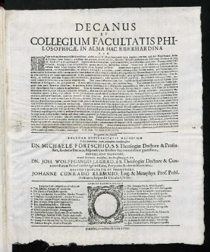 Decanus Et Collegium Facultatis Philosophicae, In Alma Hac Eberhardina L. S. D.
