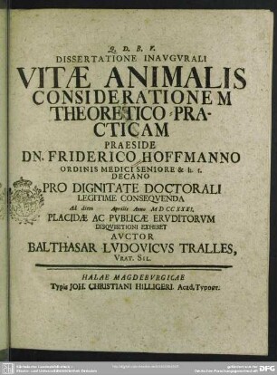 Dissertatione Inaugurali Vitae Animalis Considerationem Theoretico-Practicam