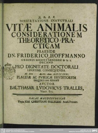 Dissertatione Inaugurali Vitae Animalis Considerationem Theoretico-Practicam