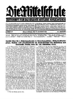 Bericht über die 1. Schulungswoche in Vererbungslehre, Erbgesundheitspflege, Rassen- und Familienkunde im Zentralinstitut für Erziehung und Unterricht, Berlin, vom 25. - 30.Scheiding 1933