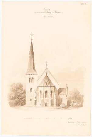 Kirche, Dobrau 1. Projekt: Aufriss Ostseite Chor-Ansicht, Maßstabsleiste (Fuß rhl.)