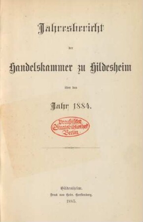1884: Jahresbericht der Handelskammer zu Hildesheim