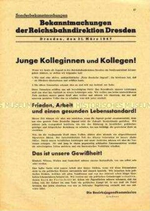 Druck mit mehreren Bekanntmachungen der Reichsbahndirektion Dresden zur Jugendarbeit