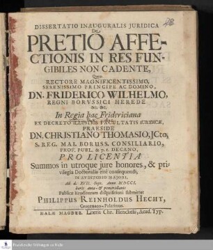 Dissertatio Inauguralis Juridica De Pretio Affectionis In Res Fungibiles Non Cadente