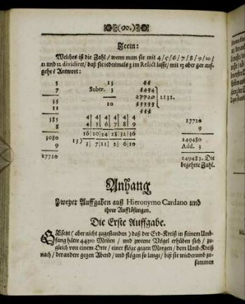 Anhang Zweyer Auffgaben auß Hieronymo Cardano und ihrer Aufflösungen.