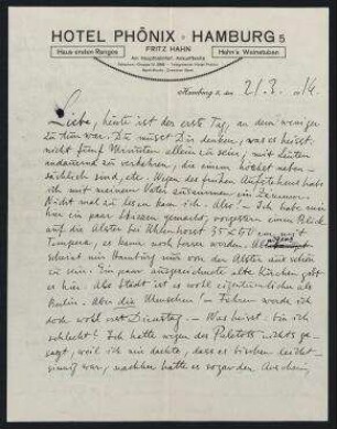 Brief von Raoul Hausmann an Elfriede Hausmann. Hamburg. Briefkopf: Hotel Phönix, Hamburg 5, Am Hauptbahnhof