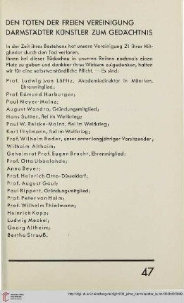 Den Toten der Freien Vereinigung Darmstädter Künstler zum Gedächtnis