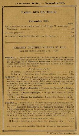 Table des matières. Novembre 1888.