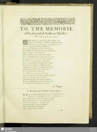 To The Memorie of the deceased Authour Maister W. Shakespeare
