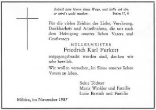 Triebischtal-Miltitz. Todesanzeige für Friedrich Karl Furkert
