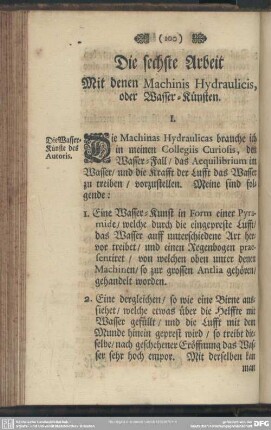 Die sechste Arbeit, Mit denen Machinis Hydraulicis, oder Wasser-Künsten