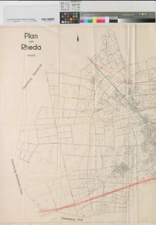 Rheda (Rheda-Wiedenbrück) Stadtplan mit projektiertem Verlauf der Reichsautobahn und der Umgehungsstraße um 1933 1 : 4000 106 x 140 Druck mit Einzeichnungen Oberpostdirektion Münster