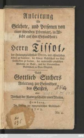 Anleitung für Gelehrte, und Personen von einer sitzenden Lebensart, in Absicht auf ihre Gesundheit