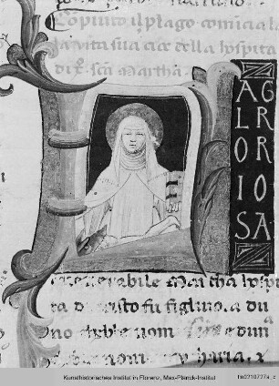 Buchseite mit Text und historisierter Initiale L, darin die Heilige Martha - Leggendario di Santi e Sante