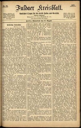 Erste Ausgabe vom Samstag, den 11. August 1877.