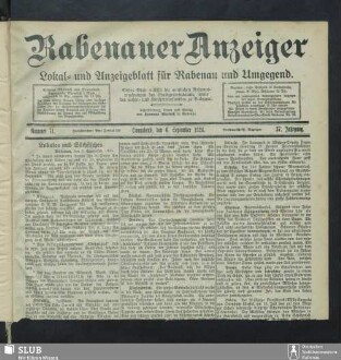 Rabenauer Anzeiger : Lokal- und Anzeigeblatt für Rabenau und Umg.