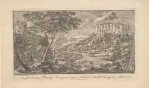 Das Elbtal mit dem Lilienstein und der Festung Königstein in der Sächsischen Schweiz von Westen, im bewaldeten Vordergrund ein Zeichner, auf der Elbe zahlreiche Schiffe
