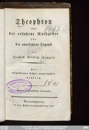 Theophron oder der erfahrne Rathgeber für die unerfahrne Jugend : Zur allgemeinen Schul-encyclopädie gehörig