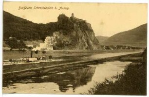 Aussig. Burgruine Schreckenstein an der Elbe mit Personen-Seitenraddampfer "Germania" (Werft Blasewitz)