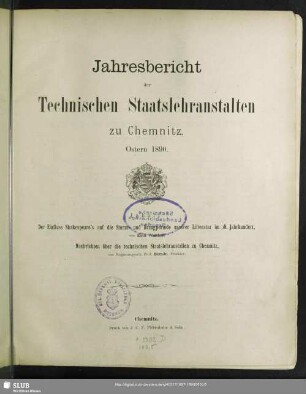 1890: Jahresbericht der Technischen Staatslehranstalten zu Chemnitz