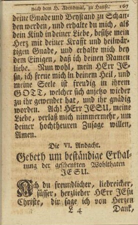 Die VI. Andacht. Gebeth um beständige Erhaltung der geschenkten Wohlthaten Jesu