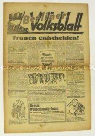 Wahlzeitung der SPD "Berliner Volksblatt" zur Reichstagswahl 1930 mit Ausrichtung auf die Frauen