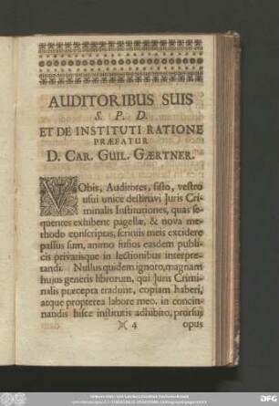 Auditoribus Suis S. P. D. Et De Instituti Ratione Praefatur D. Car. Guil. Gaertner.