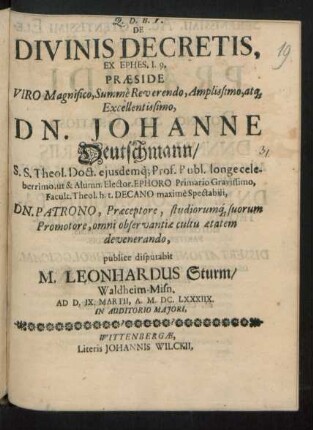 De Divinis Decretis, Ex Ephes. I. 9.