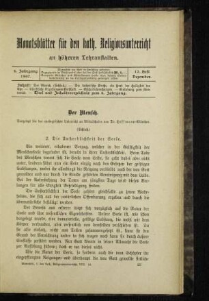 ¬Der¬ Mensch : dargelegt für den apologetischen Unterricht an Mittelschulen ; (Schluß)