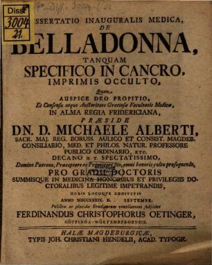 Dissertatio Inauguralis Medica, De Belladonna, Tanquam Specifico In Cancro, Imprimis Occulto