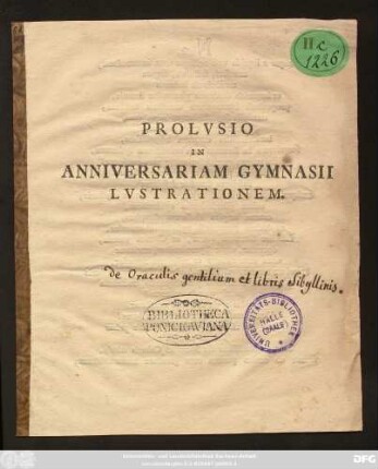 Prolvsio In Anniversariam Gymnasii Lvstrationem : [P.P. Prid. Kal. Avg. A. MDCCXXXXVI.]