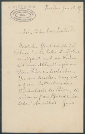 26. Januar 1889, Dresden [Brief von Alphons Stübel an Max Uhle]