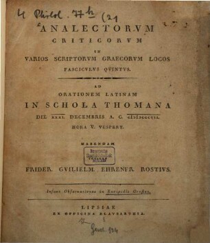 Analectorum criticorum in varios scriptorum Graecorum fasciculus .... quintus