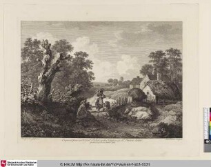 [Landschaft; ein Mann klettert mit einem Fruchtkorb über ein Holztor, eine Frau steht davor, rechts davon schlafen drei Schweine]