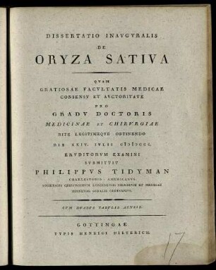 Dissertatio Inavgvralis De Oryza Sativa : Cvm Dvabus Tabvlis Aeneis
