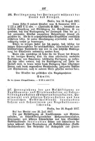 Verlängerung der Ferienzeit während der Dauer des Krieges : [B. Allgemeine Angelegenheiten der Unterrichtsanstalten]