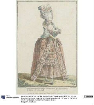 Gallerie des Modes et du Costume Français: Elégante en petite robe de Taffetas des Indes rayé. J.50