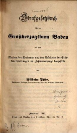 Die Strafgesetzgebung des Grossherzogthums Baden : nebst dem Gesetze über die Gerichtsverfassung mit den Motiven der Regierung und den Resultaten der Ständeverhandlungen im Zusammenhange dargestellt, I