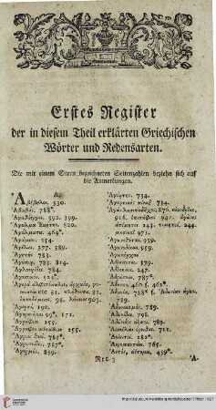Erstes Register der in diesem Theil erklärten Griechischen Wörter und Redensarten