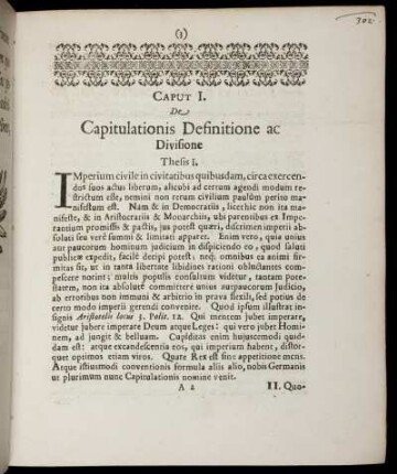 Caput I. [ - ] Caput IV.; De Capitulationis Definitione ac Divisione; De Origine Capitulationis; De Causa Efficiente Capitulat; De Causa Formal. Capitulationis.